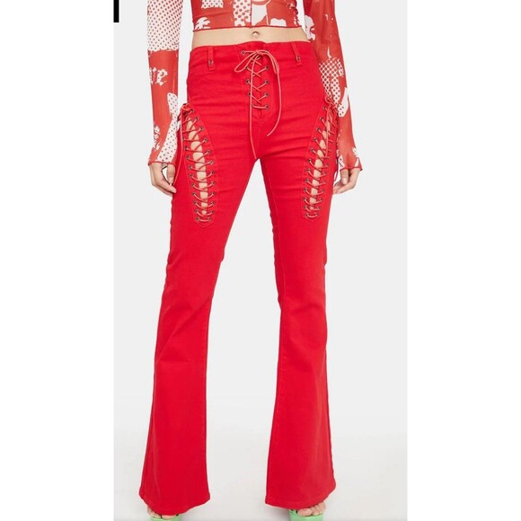 Edikted Red Lace Up Flare Pants Women’s‎ Size M High Waist Corset Style Y2K - Picture 1 of 11